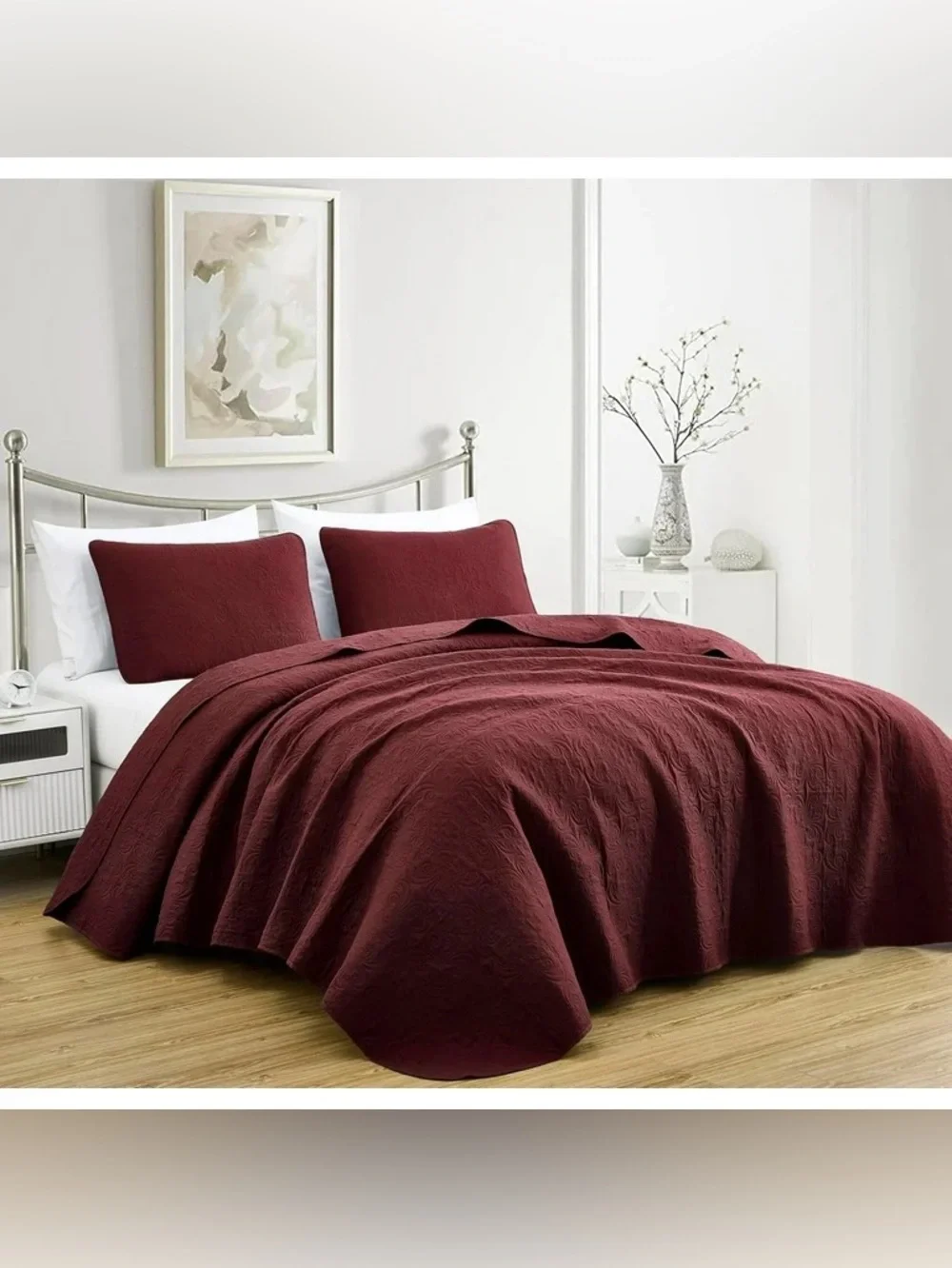 Queen 3 piece Quilted Bedspread Set in Deep Burgundy